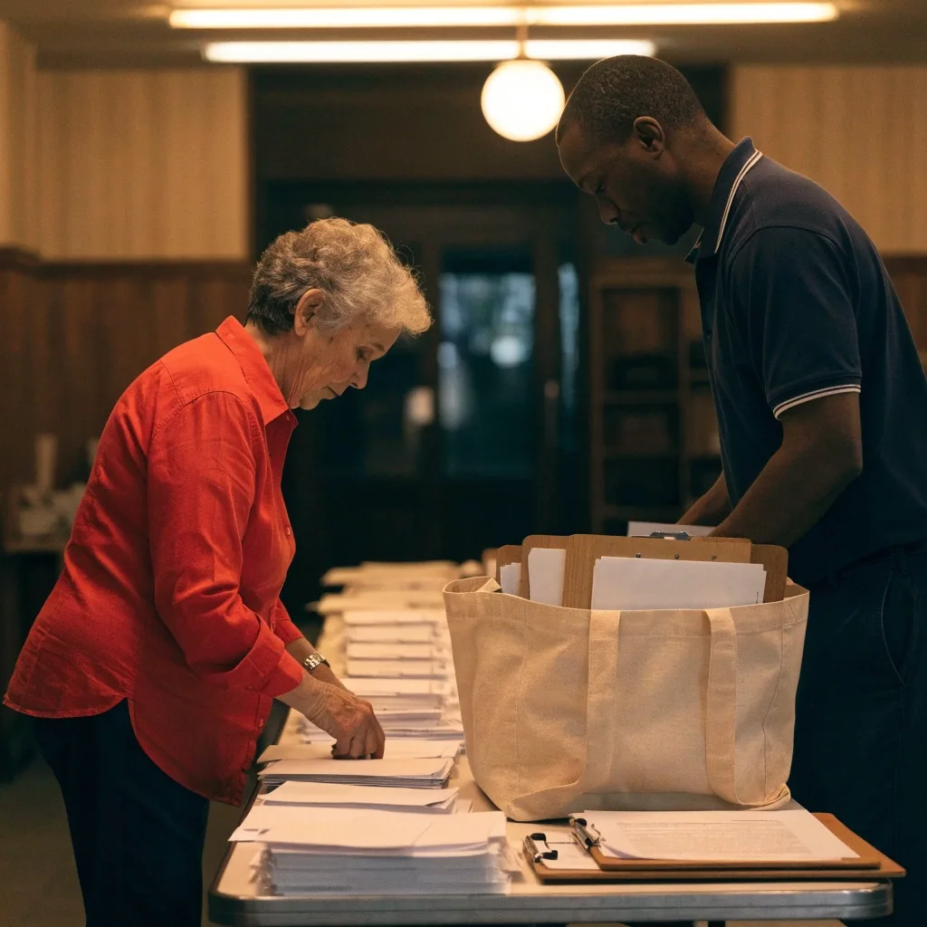 Election workers preparing early-vote materials in a community hall
