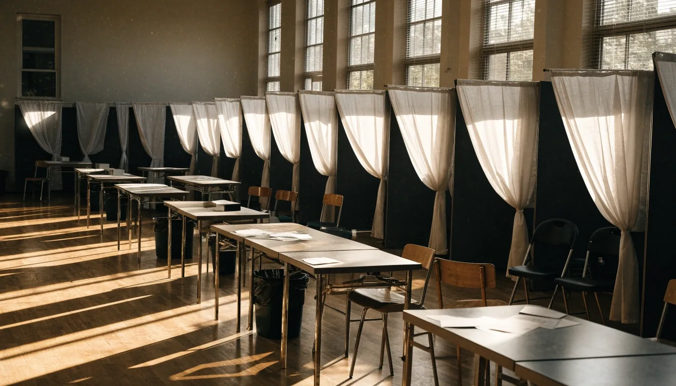 Empty voting booths and tables inside a polling place before the 2026 midterms