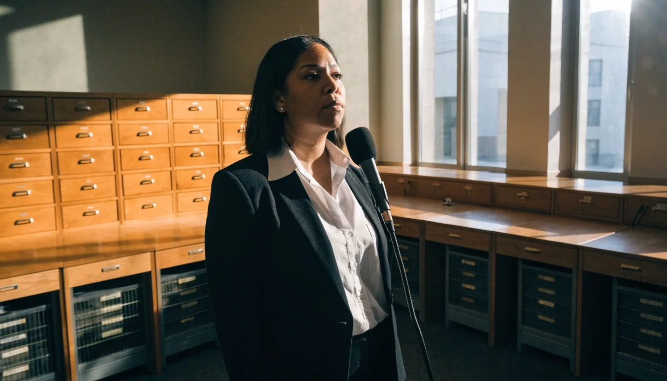 A political reporter at a standing microphone inside a state capitol press room