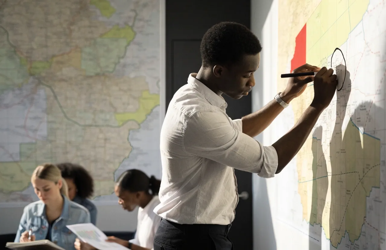 A regional field office worker tracing a district boundary line across a printed map on a long table
