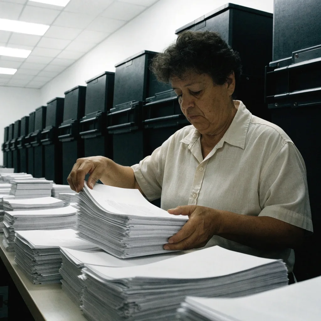 An election worker sorting blank ballots onto a long table in a county elections office
