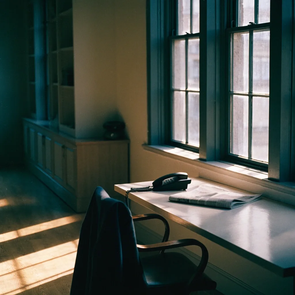 An empty editorial office corner in Washington, D.C. with a landline phone and a folded paper on the desk