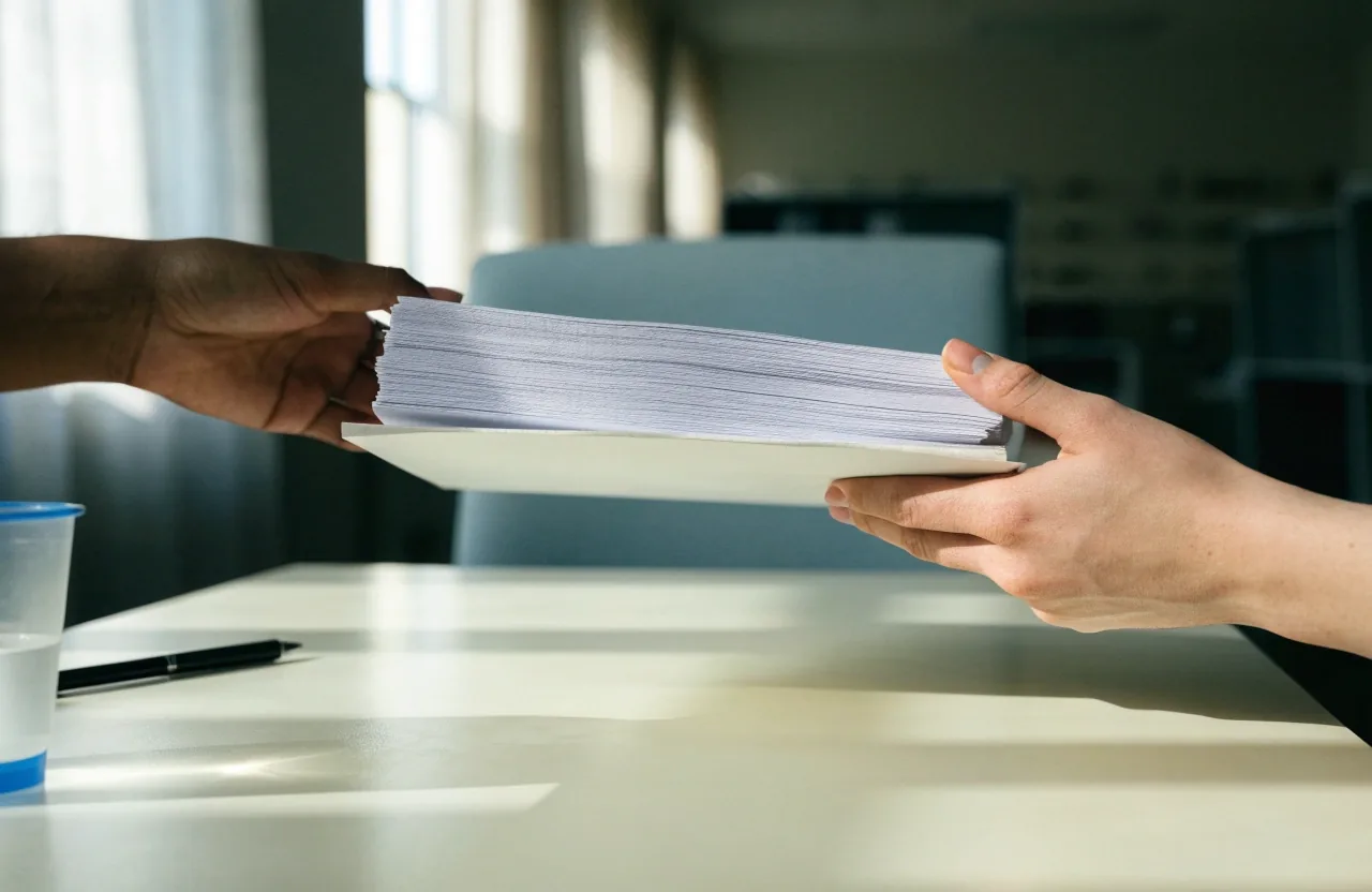 Hands holding a plain folder of loose pages over a desk in a Washington newsroom
