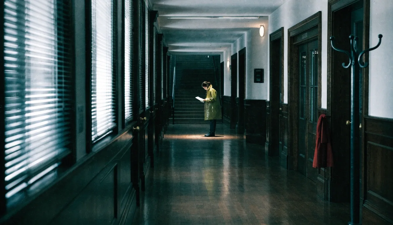 A quiet Washington, D.C. courthouse corridor with a reporter reviewing notes at the end of the hallway