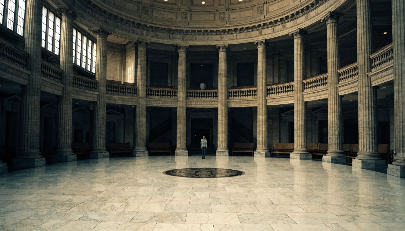 A state capitol rotunda with a visitor crossing the marble floor beneath the dome