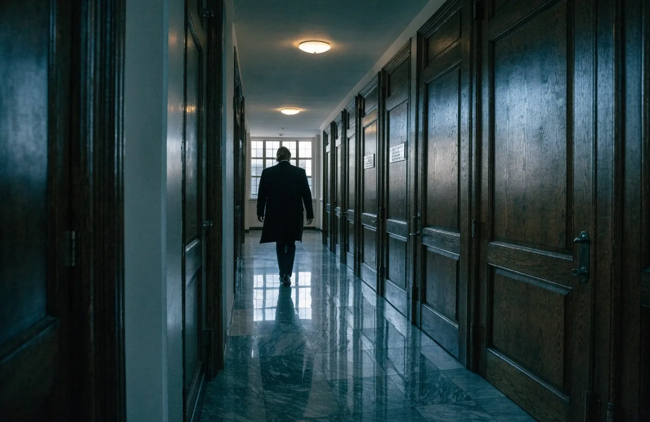 A quiet state government corridor with a figure walking past closed office doors