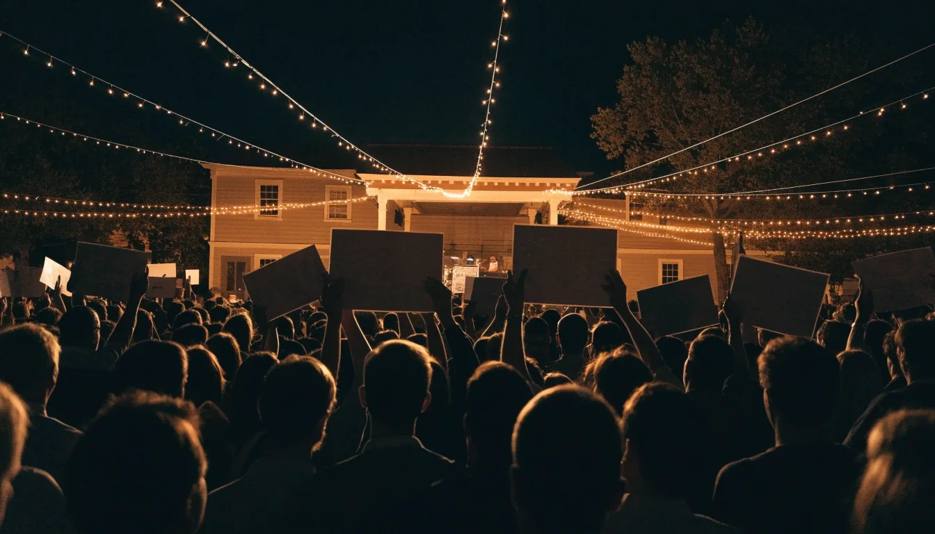 An evening campaign gathering in a town square, seen from behind the crowd