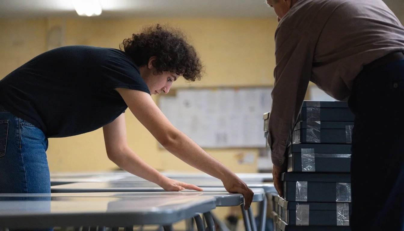 Workers preparing an election office room with tables and stacked ballot boxes