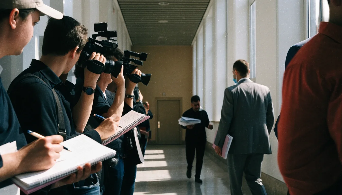 Reporters and staff working along a marble corridor inside a federal building