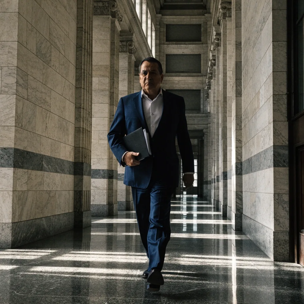 A federal official walking a stone corridor of a Washington courthouse on a working day