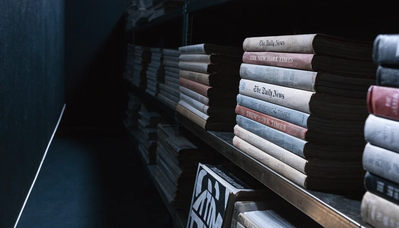 Bound newspaper volumes on shelving in a darkened archive room