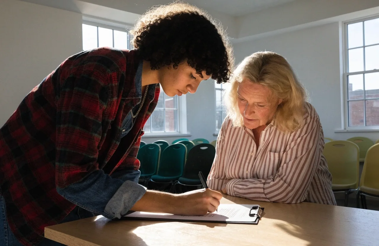 A volunteer helping a new voter complete a registration sheet at a community center