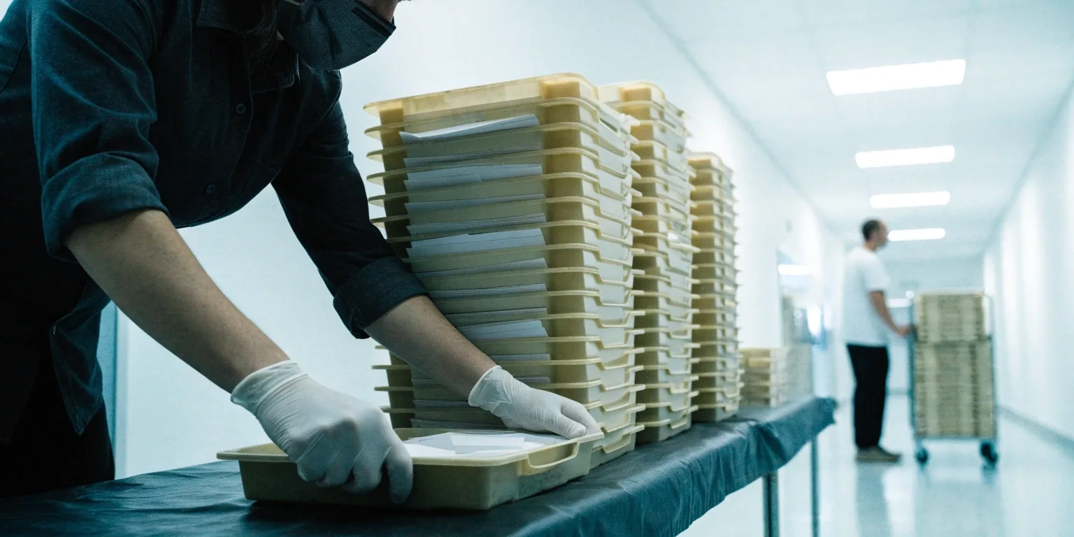 County election workers moving sealed ballot trays through a processing hall