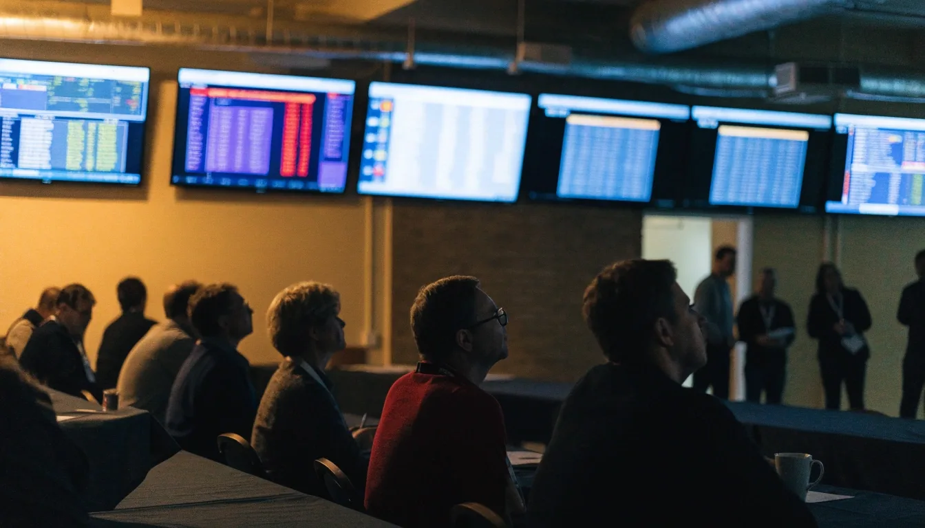 Election workers and observers watching returns come in at a county results center