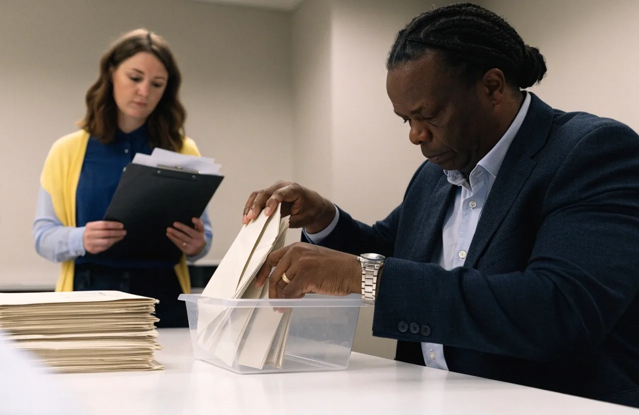 Election staff sorting ballot envelopes into trays at a county office