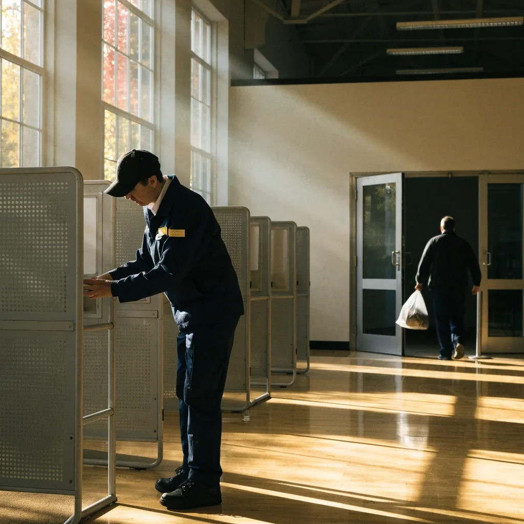 Voters queueing outside a neighborhood polling place on an autumn morning